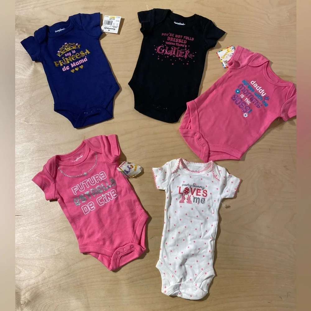 5 Garanimals Baby Bodysuits - Navy, Black, Pink, White Newborn (OQ)